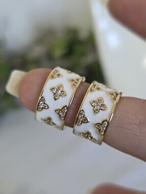 Gold-Filled Enamel & Crystal Hoop Earrings - Elegant White & Gold Statement